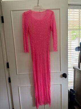 Pink Sequin Long Sleeve Maxi Dress